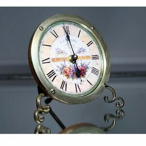 Vintage Style Timeworks Mantel Clock Brass Wood Floral Roman Numeral Quartz